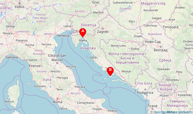 Map of ferry route between Rijeka and Stari Grad (Hvar)
